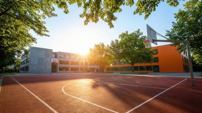 Basketball court and playground in a schoolyard during a sunny evening