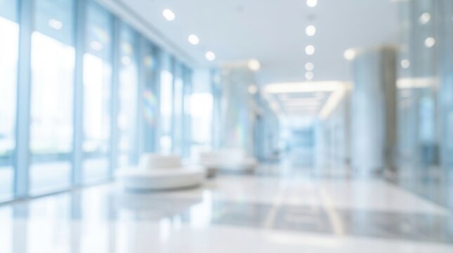Luxury white modern room space with blurry corridor and building glass wall window, showing a blurred hotel or office building lobby interior toward the reception hall.