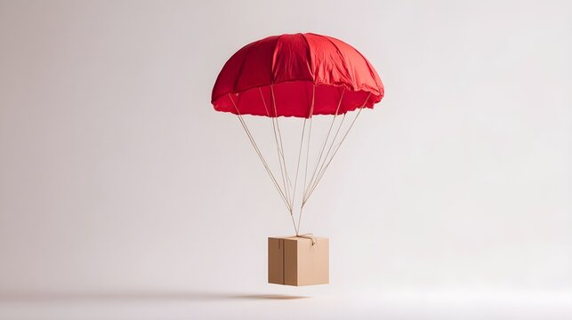 cardboard package suspended by red parachute over plain studio