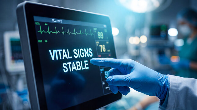 Doctor pointing at ICU patient monitor showing stable vital signs in hospital room