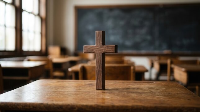 Classroom desk with a wooden cross, symbolizing faith, education, and reflection within a learning environment