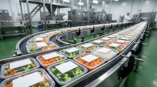 Mass production and distribution of prepackaged meals moving along an automated conveyor belt in a modern food processing factory