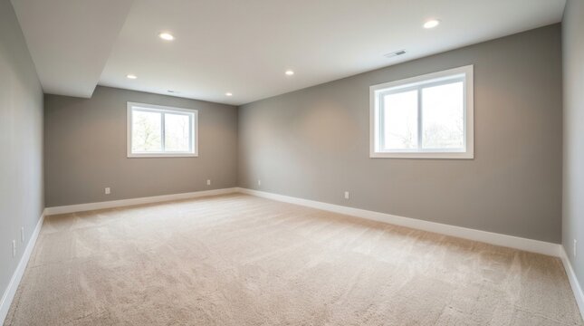 Fresh carpet and neutral paint in a bright, newly renovated basement with natural light from windows.