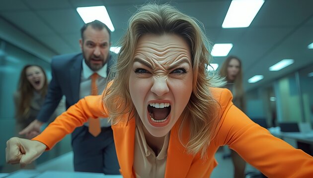 Aggressive Workplace Conflict and Frustrated Business Professional Shouting in a Corporate Office
