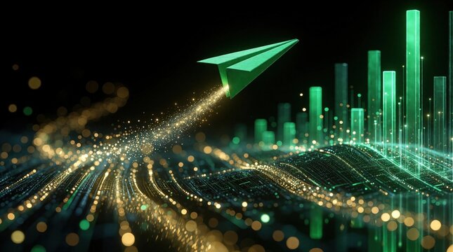 Green paper airplane flies through digital landscape with glowing light trails, bar graph. Concept of business growth, innovation, tech progress. Paper plane soars over data charts, financial