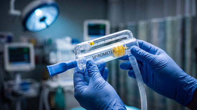 Medical professional holding a respiratory spirometer device in a hospital clinic setting