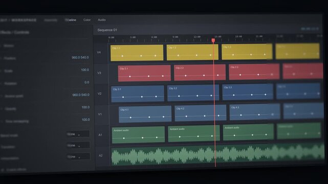 Cinematic Video Editing Timeline Animation. Moving Playhead Across Multi-Track Clips And Audio Waveforms. Dark Mode UI With Shallow Depth Of Field. 4K