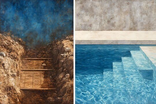 Diptych showing dug trench with rusted formwork and clear pool stairs