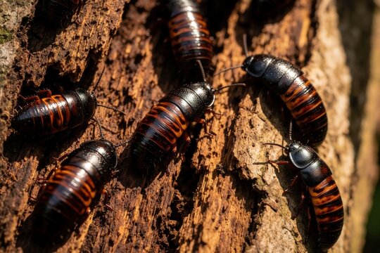 Madagascar hissing cockroaches crawl on rough textured bark, detailed macro view. Large insects dark brown bodies with orange stripes. Small arthropods cling to wood in natural outdoor habitat.