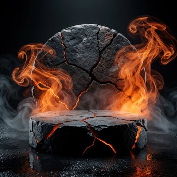Cracked stone pedestal with glowing orange fire and smoke. Dark moody atmospheric setting for product presentation. Empty stage with dramatic lighting and shadow effects.
