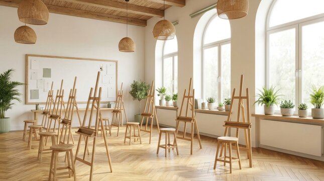 Wooden art easels with matching stools in bright studio, creative painting workspace with natural light and decorative indoor plants