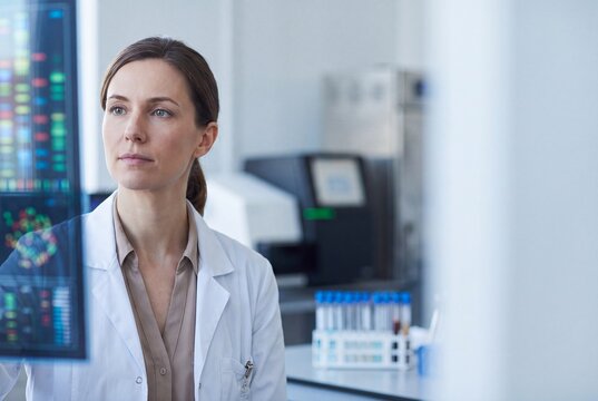 Female Geneticist in Lab Coat Analyzing DNA Sequencing Data on Digital Screen