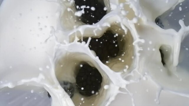 Blackberries falling into milk with splashes in slow motion macro top view