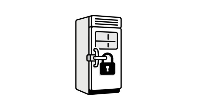 Professional Black and White of a Secured Server Rack with Locked Cable and Padlock for IT Security Concepts