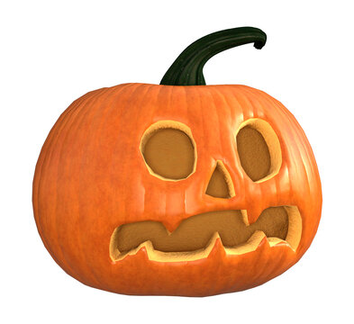 3d illustration angled view of a carved pumpkin isolated on a white background.