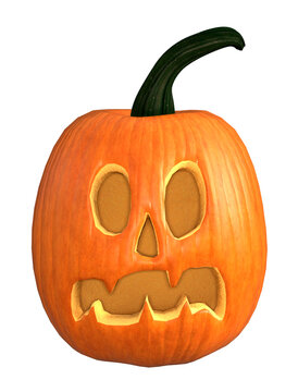 3d illustration front view of a normal carved pumpkin isolated on a white background.