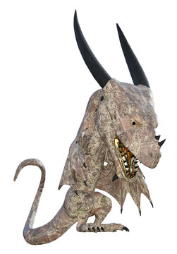 3d illustration of a stone skin dragon with black eyes and horns and an open mouth standing isolated on a white background.