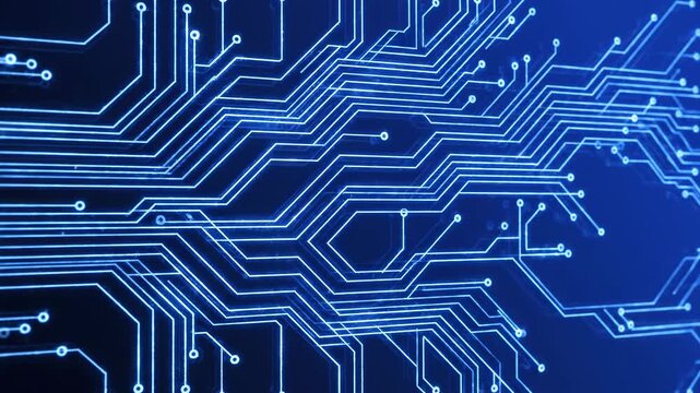 Digital circuit board pattern expanding with blue lights across a dark blue background in a cinematic motion