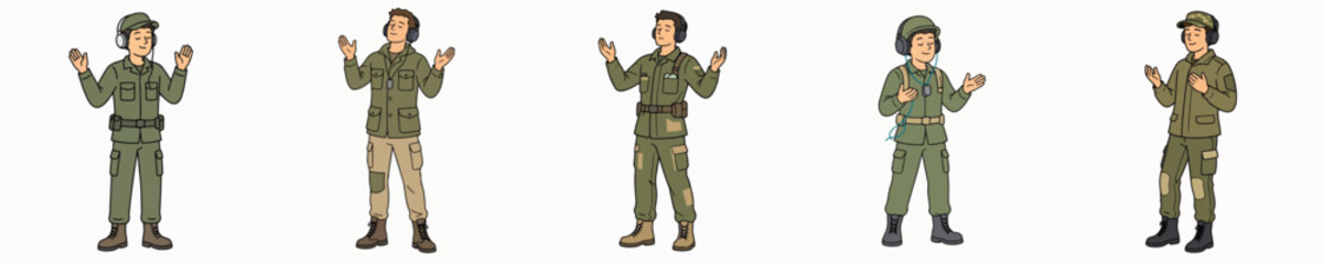 Obraz premium A set of vector illustrations featuring a male soldier listening to music on headphones, with his hands raised as he enjoys the song.