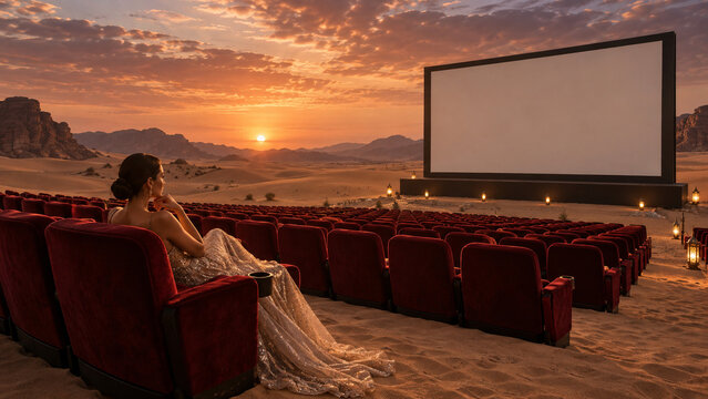 Surreal cinema scene with a woman relaxing among red theater seats and a giant screen in a desert at sunset, ideal for travel, entertainment, lifestyle and creative advertising.