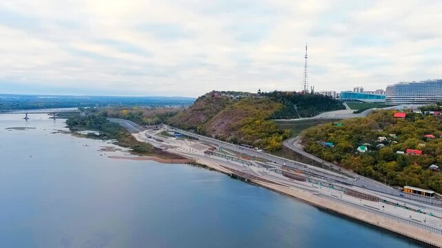 Ufa, Russia. Square named after Salavat Yulaev. Embankment of the Belaya River. Central part of the city. Drone footage