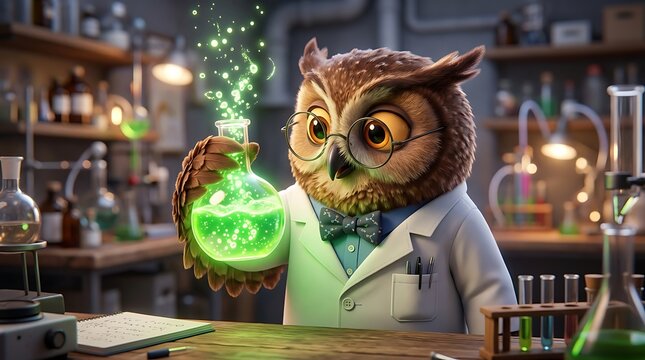 Smart owl scientist with glasses holding a glowing green potion in a laboratory