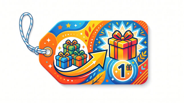 Set of three colorful promotional tag illustrations featuring a Buy 1 Get 1 Free offer concept, designed for retail sales, shopping promotions,