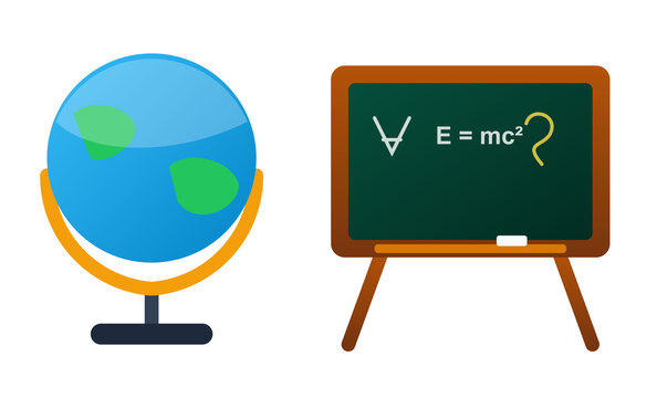 Educational globe and blackboard illustration with scientific formula on board.
