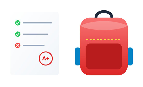 Exam paper with high grade and red school backpack for student supplies design.