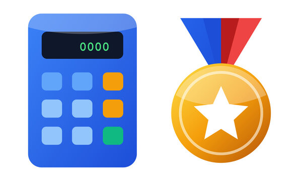 Blue digital calculator and gold star medal icon for academic achievement goal.