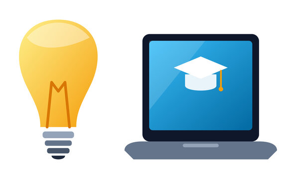 Glowing light bulb icon and laptop with graduation cap symbol for online study.