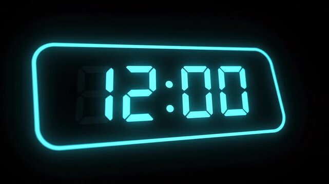 Digital clock displays time progression from 11:58 to 12:07 with neon blue glow in darkness