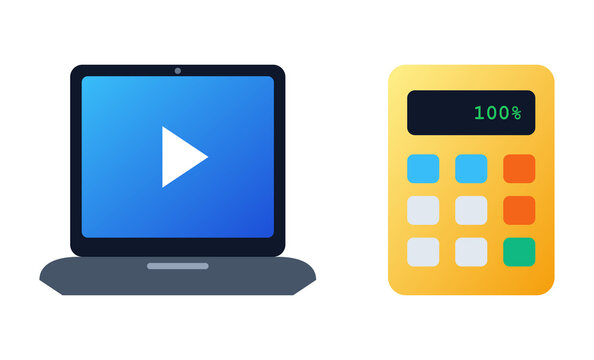 Modern blue laptop with play button beside yellow digital calculator workspace.