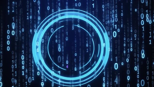 Blue digital HUD circle animation with binary code rain for futuristic technology concepts