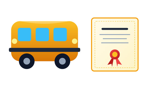 Yellow school bus icon with certificate paper for educational transport and diploma.