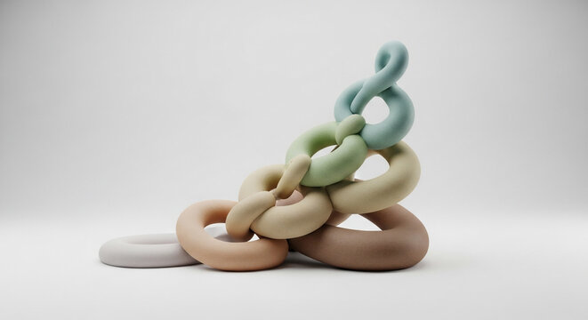 Abstract sculpture of interconnected pastel colored rings stacked in a creative pile isolated on white background