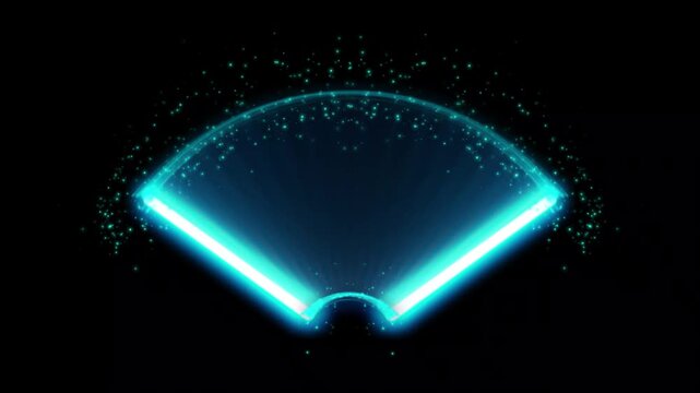 Futuristic turquoise energy light streak forming a smooth curved arc with glowing particles, sparkling dust and radiant motion, abstract cinematic visual effect on black background. 4k video
