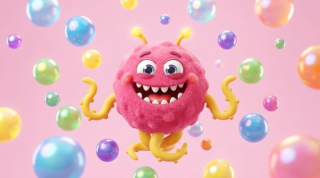 Cute pink monster with yellow tentacles playing with colorful bubbles