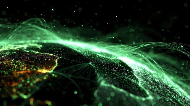 Digital earth globe made of glowing green and orange particles, flowing data streams, bokeh light effects, black background, cinematic lighting, global connectivity visualization