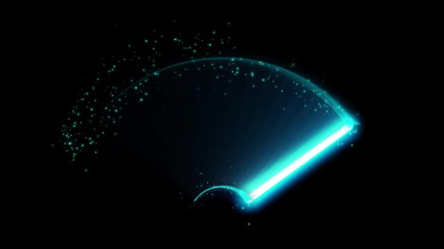 Glowing cyan light trail sweeping in a curved arc with sparkling particles and luminous energy, futuristic abstract motion graphic effect for technology, fantasy and cinematic backgrounds. 4k video