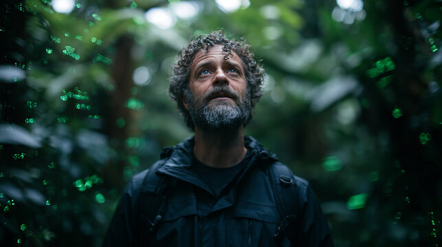 Man Looking Up in Wonder in Glowing Rainforest