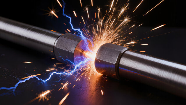 Electric and thermal conduction experiment with titanium bars, bright plasma arcs and golden sparks explosion on a dark background