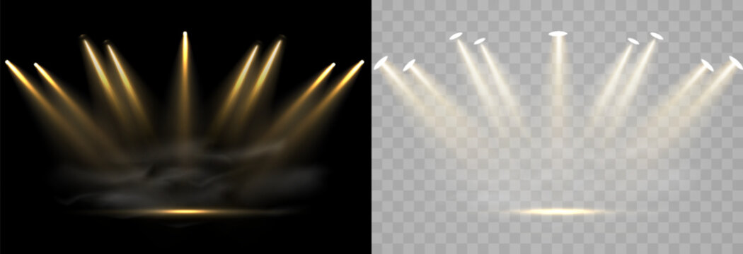 Vector golden spotlights with smoke effect. Studio lighting PNG. Gold light source, bright beams with spotlights. Vector isolated on transparent background.
