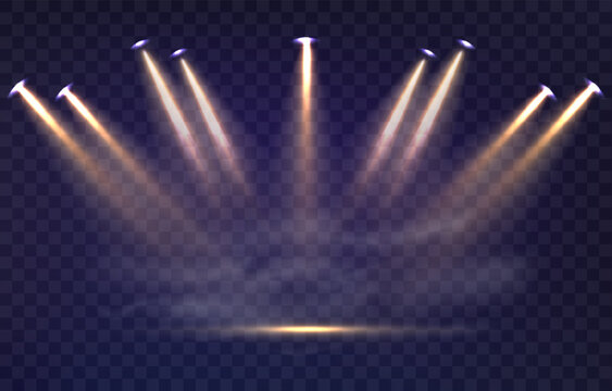 Vector golden spotlights with smoke effect. Studio lighting PNG. Gold light source, bright beams with spotlights. Vector isolated on transparent background.
