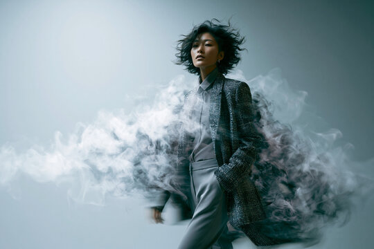 Asian Fashion Model Posing with Swirling Smoke
