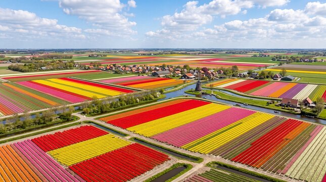 Aerial View of Colorful Tulip Fields in Netherlands