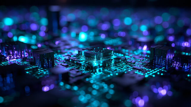 Futuristic Microchip on Glowing Digital Circuit Board