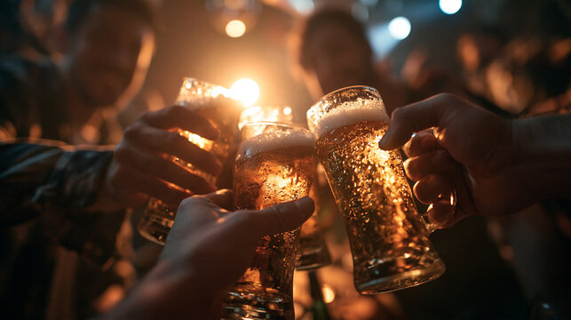 Friends Toasting with Beer Glasses at Night Party