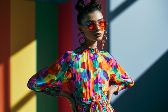 Fashion Model in Colorful Pattern Dress and Sunglasses