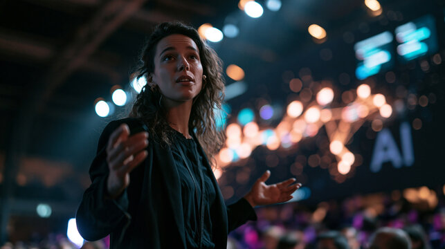Woman Speaker Presenting Keynote on AI at Tech Conference